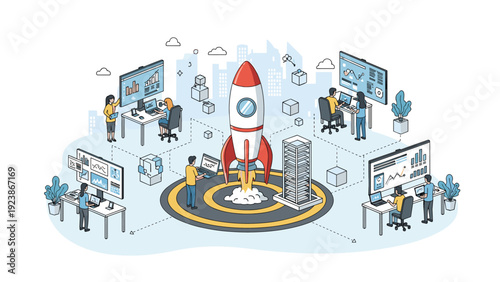 Business startup illustration featuring a rocket launching from a data center surrounded by professionals at desks.