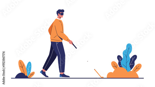 Visually impaired man wearing sunglasses walking safely on a path using a white long cane for independent navigation.