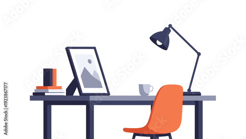 Clean and modern home office setup with a workspace desk, orange chair, desk lamp, books, and a picture frame.