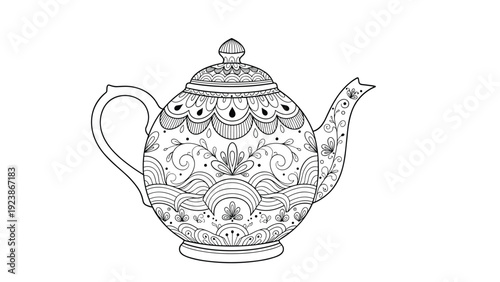 Highly detailed black and white line art of a traditional teapot decorated with complex floral and geometric patterns.
