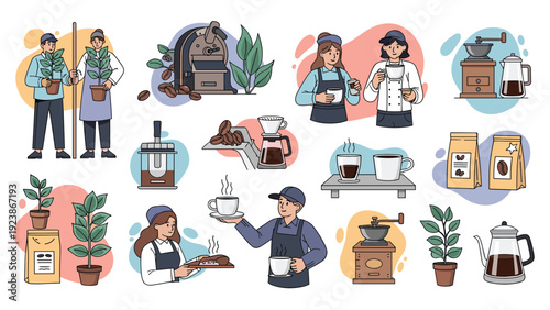 Diverse collection of illustrations showing the entire process of coffee making from roasting beans to serving cups.