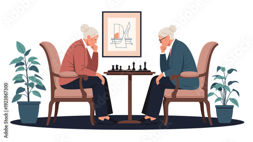 Two elderly women sitting comfortably in armchairs while playing a thoughtful game of chess in a cozy living room with indoor plants.
