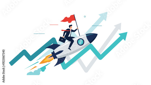 Ambitious businessman is riding a silver rocket ship as it blasts off past rising growth arrows toward high professional success.