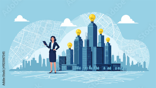 Confident businesswoman standing in a city where buildings are topped with glowing lightbulbs representing innovative urban ideas and growth.