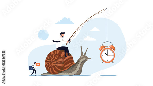 Determined businessman sits on the back of a slow snail and uses a fishing rod to try and catch a flying orange alarm clock.