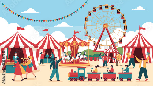 Vibrant amusement park scene with a Ferris wheel, carousel, tents, and various people enjoying a sunny day at the carnival fair.