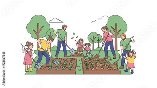 Multi-generational group of people working together in a vegetable garden, raking soil and digging with shovels among green plants.