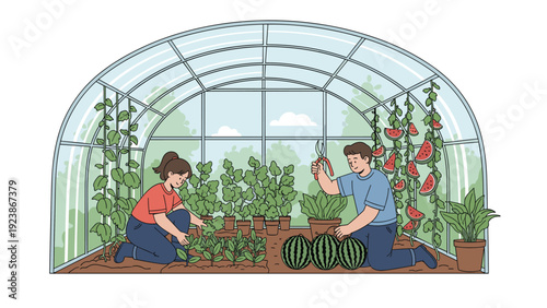 Two gardeners tending to plants inside a large arched greenhouse with watermelons and vertical climbing vines in a lush environment.