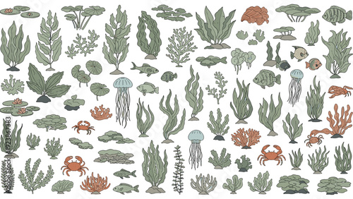 Comprehensive collection of various underwater sea plants, coral reefs, fish, jellyfish, and crabs depicted in a flat illustration style.