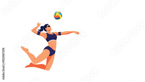 Athletic female volleyball player jumping high in the air to serve or spike a colorful ball against a clean white background.