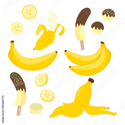 ector set of bananas, banana slices, peels and bananas in chocolate isolated on white.