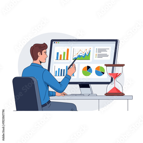 Businessman analyzing financial charts on computer screen with hourglass, business analytics concept
