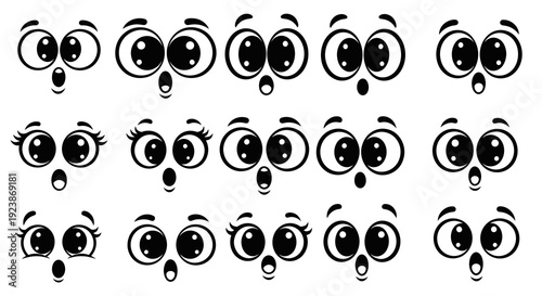 Collection of Shocked Cartoon Eyes and Surprised Facial Expressions. Black and White Line Art Vector Set of Emoticon Graphic Design Elements.