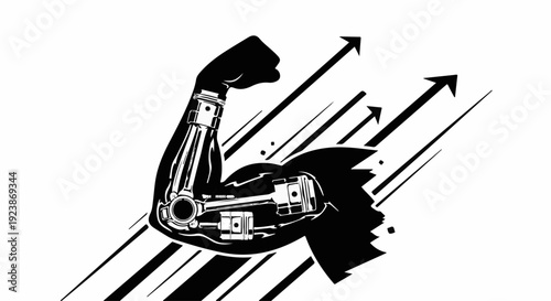Mechanical arm flexes with upward arrows symbolizing growth and power
