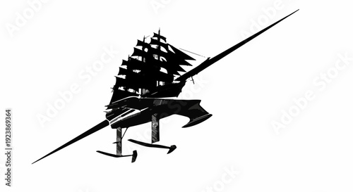 Futuristic sailing vessel glides on hydrofoils with dramatic black sails against a stark background.