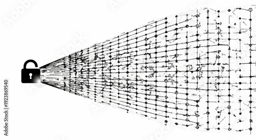 Digital data stream flowing from an unlocked padlock, representing data security and access.