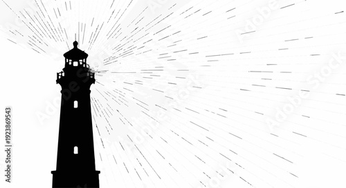 Silhouette of a lighthouse emitting bright light beams against a white background