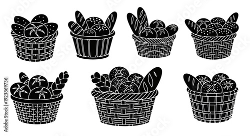 Baskets of Freshly Baked Bread Assortment, Bakery Collection, Black and White Icons