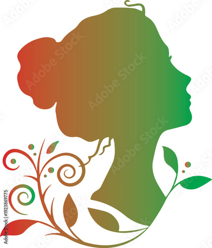 Elegant silhouette of a woman with vibrant floral design and curly hair Vector, illustration
