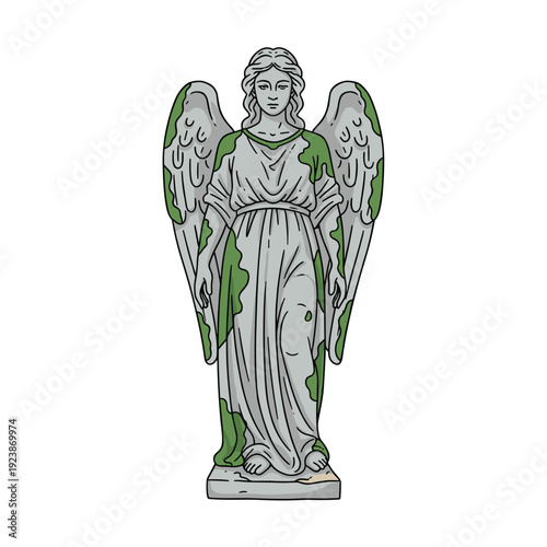Ancient stone angel statue covered with green moss isolated on white background. Concept of memory eternity and abandoned cemetery atmosphere