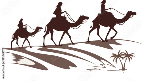 Silhouette of Camel Riders in Desert with Oasis