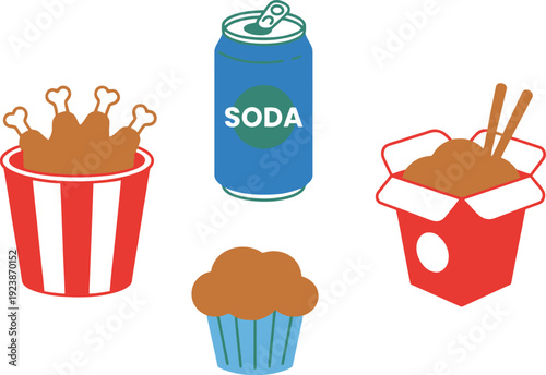 A collection of popular fast food and snack items including fried chicken soda noodles and a cupcake