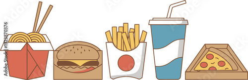 A colorful collection of popular fast food items including pizza noodles and a burger for quick meals