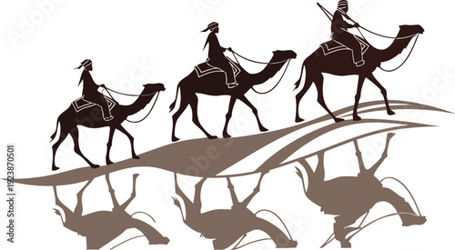 Silhouette of Camel Riders in Desert with Oasis