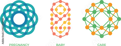 Abstract geometric illustrations representing pregnancy baby and care concepts with minimalist modern design