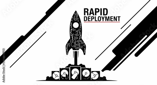 Rocket launching with digital circuit patterns, symbolizing rapid deployment and innovation