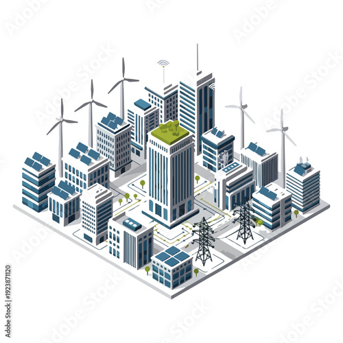 Isometric Smart City with Renewable Energy Sources Vector Illustration