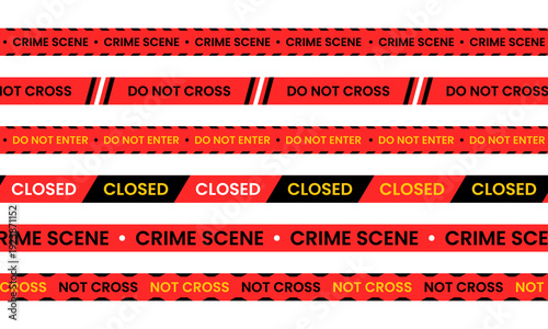 Set of Red Crime Scene Tape Do Not Cross, Police Line, Do not Enter and Closed Warning on White Background