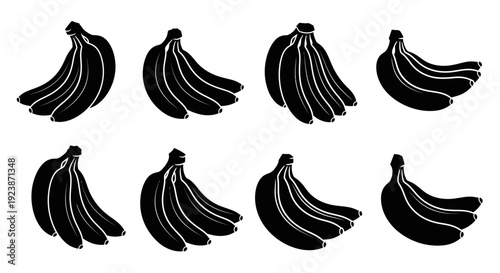 Black Silhouette Bananas Bunch Isolated on White Background