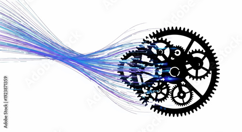 Abstract digital energy flowing into complex mechanical gears, representing innovation and progress.