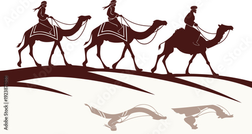 Silhouette of Camel Riders in Desert with Oasis