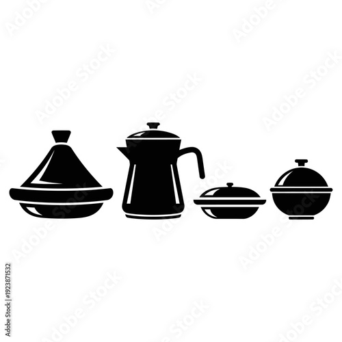 Black Silhouette of Moroccan Tagine, Coffee Pot, and Serving Dishes
