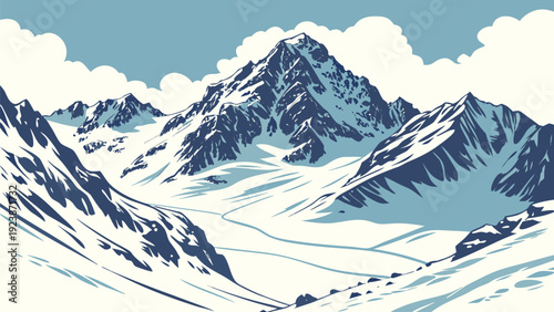 Snow-Covered Mountain Range Illustration with Clouds