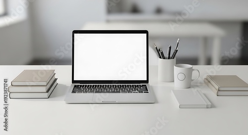A minimalist workspace featuring an open laptop and office supplies on a clean desk