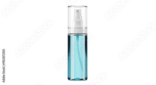 Spray bottle filled with light blue liquid for home or office use