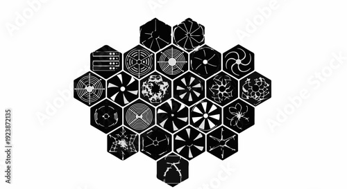 Intricate geometric patterns within a honeycomb cluster, creating a modern, abstract mosaic.
