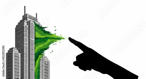 Finger points at skyscraper spewing green liquid, symbolizing eco-friendly innovation or environmental impact.