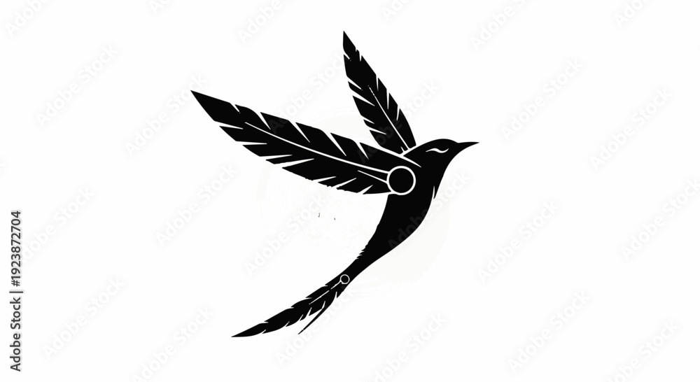 Obraz premium Elegant black bird silhouette with feather wings soaring against a white background