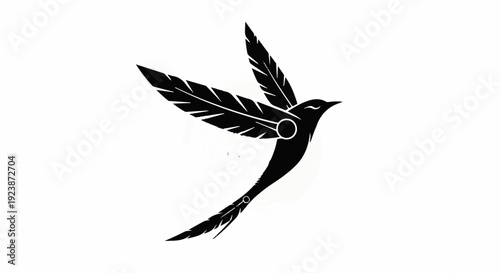 Elegant black bird silhouette with feather wings soaring against a white background