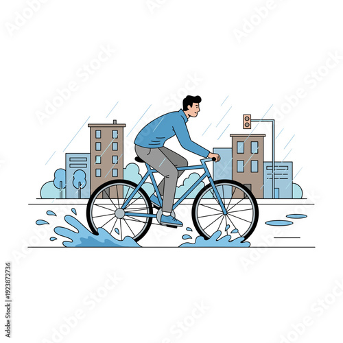 Young man cycling through rainy city street with water splashes. Concept of urban commuting active lifestyle and bad weather resilience