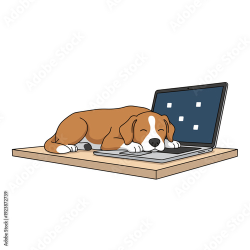 Brown dog resting head on laptop keyboard isolated on white background. Concept of remote work distraction home office and pet companionship