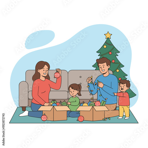 Happy family unpacking christmas decorations in living room near tree. Concept of festive preparation holiday bonding and cozy home atmosphere