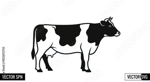 Black and White Cow Silhouette, Farm Animal Vector Illustration