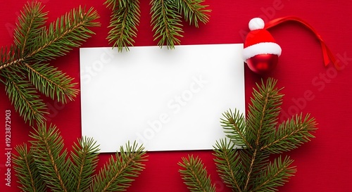 Holiday card decorated with evergreen branches and a festive hat