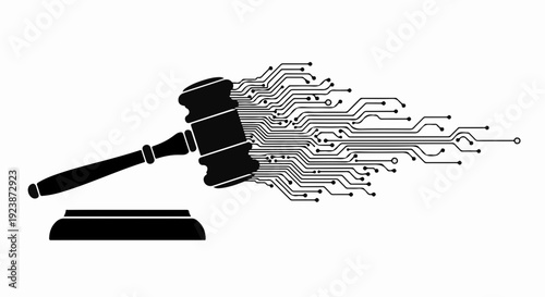 Gavel connected to digital circuit board symbolizing technology and justice