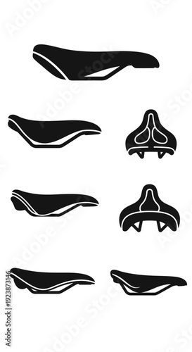 Collection of Bicycle Saddles: Side and Top Views, Black and White Silhouettes